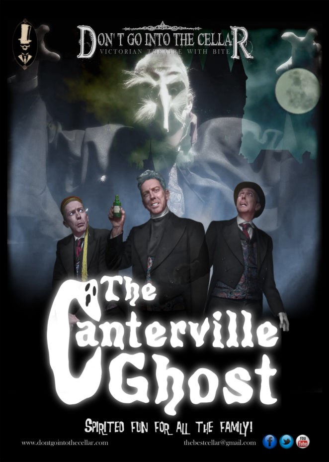 Canterville Ghost Poster Three male figures in the foreground, behind a large ghostly figure in a mask looms over them