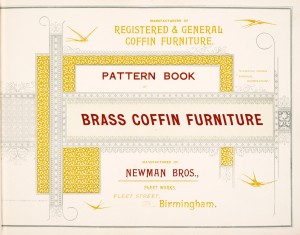 A title Page from a pattern book catalogue that says "brass coffin furniture" in red surrounded by graphic design elements
