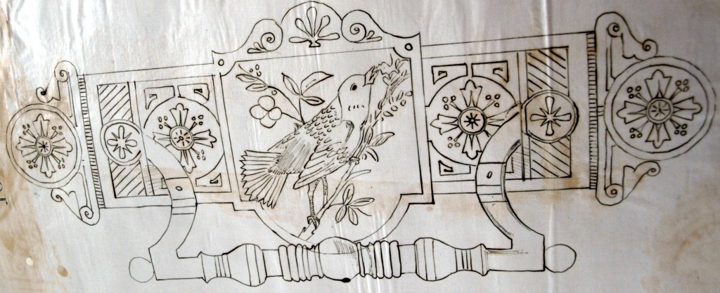 Illustration depicting a cabinet backplate and handle with bird on twig design