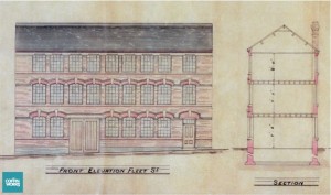 Sketch of Coffin Works' building. Original architect's plans of Newman Brothers designed by Roger Harley in 1892.