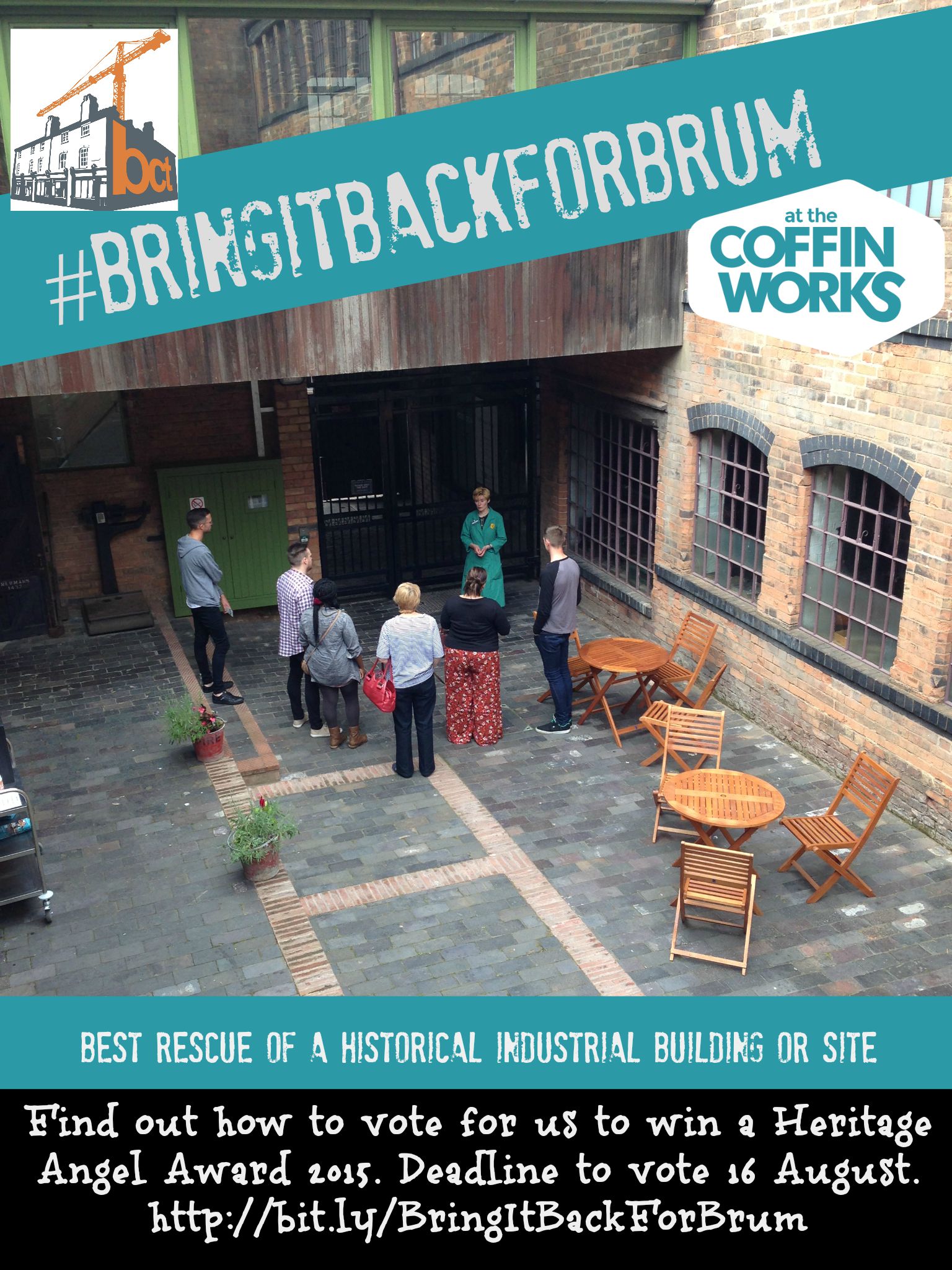 #BringItBackForBrum Poster text reads "find out how to vote for us to win a heritage angel award 2015. deadline to vote is 16 august http://bit.ly/bringitbackforbrum