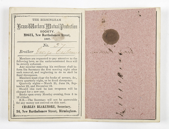 Document from the Brassworkers Mutual Protection Society. A Coffin Furniture trade union did not exist until the late 1890s, so many workers engaged in this labour force would have most likely have been members of Brassfounders' trade unions like this one, and the later Brassfounders trade union on Lionel street, just one street away from Newman Brothers. © Birmingham Museums Trust.
