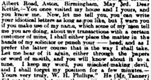 Excerpt from Birmingham Daily Post from 12 May 1898 reporting on the court summons raised by Edgar Kettle. 