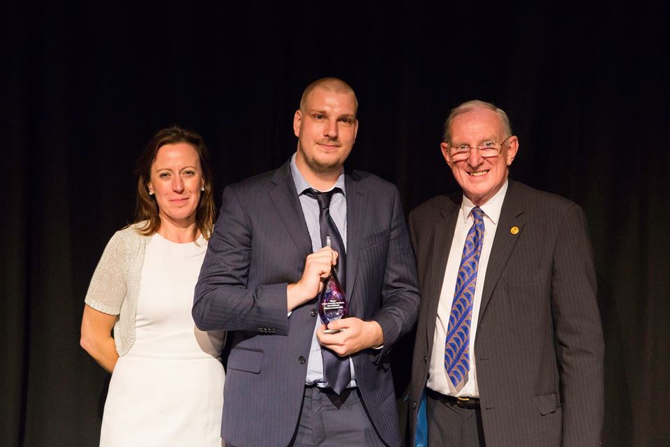 Left: Sarah Falkland Centre: Adam Sutcliffe-Brown of Newman Brothers at Coffin Works. Birmingham (winner) Right: Barrie Williams, Chairman IGMT (judge)