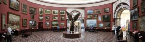 Panoramic view of round room at Birmingham Museum and Art Gallery. Statue of Lucifer by Jacob Epstein in the centre