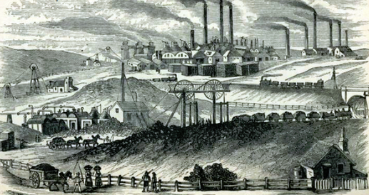 Illustration of coal mining area with factories set in a rural landscape, horses pull loaded carts 
