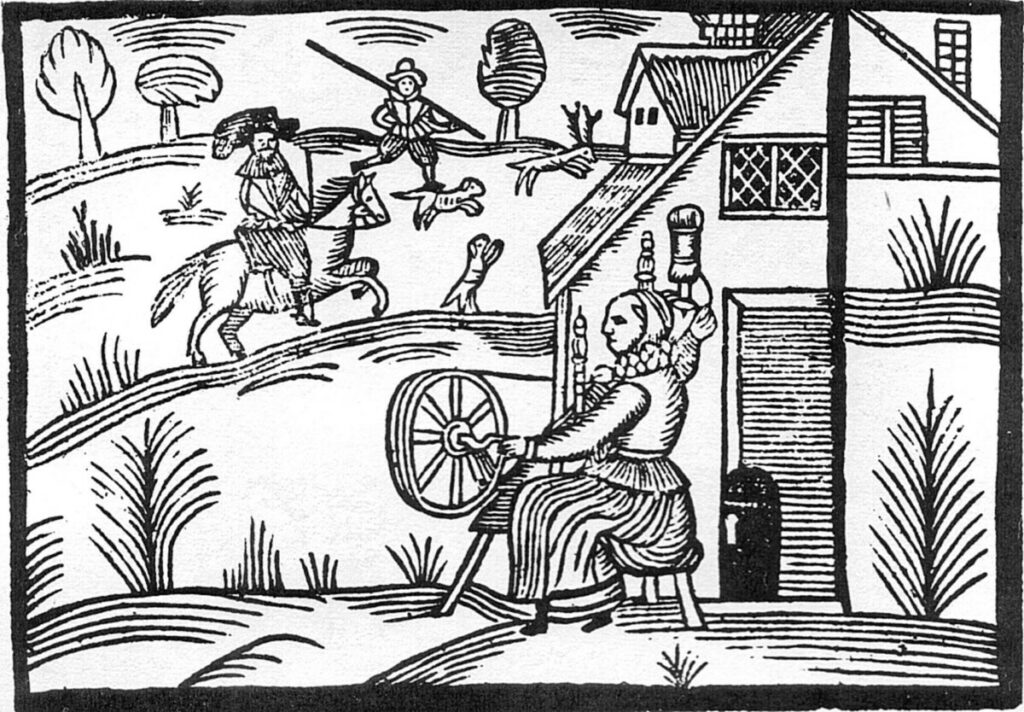 Woodcut of Woman Spinning at a spinning wheel