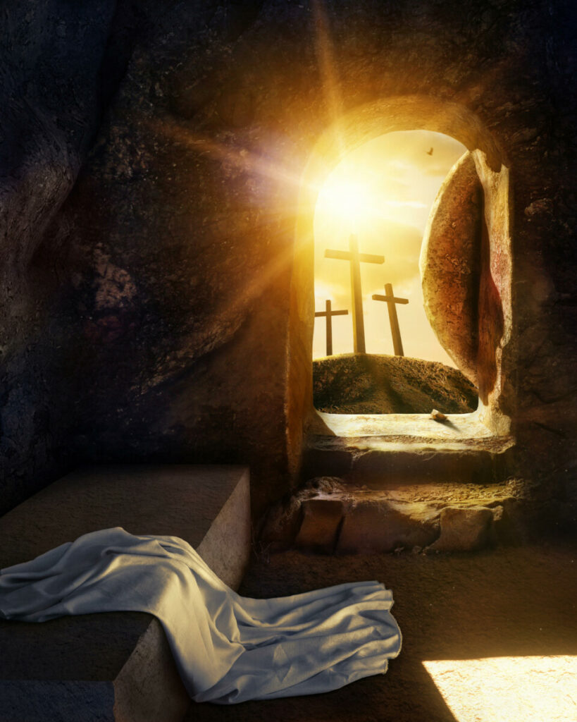 RK0RWW He is Risen. Empty Tomb With Shroud. Crucifixion at Sunrise. -3d rendering. - Illustration.