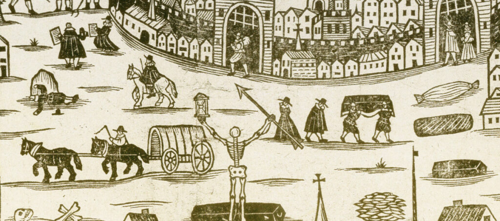 illustration showing a skeleton in foregroud holding aloft a long arrow in right hand as if king of the city in background where a funeral is taking place.