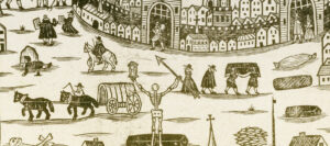 illustration showing a skeleton in foregroud holding aloft a long arrow in right hand as if king of the city in background where a funeral is taking place.