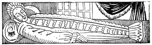 black and white Illustration of a deceased body in a shroud
