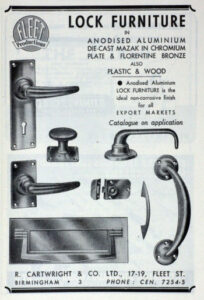 Black and white advertisement for various types of handle, referred to as Lock Furniture