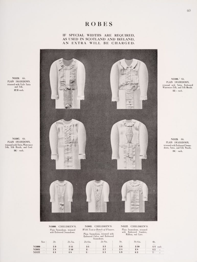 Page from catalogue showing shrouds titled "robes"