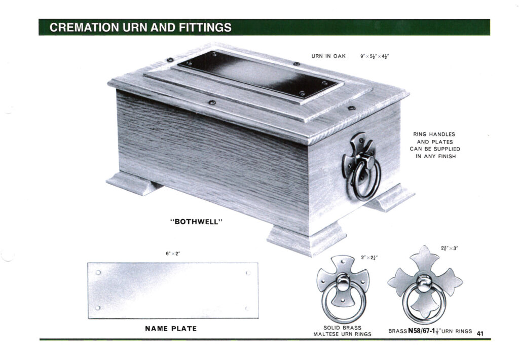 Page of catalogue with ashes casket illustration