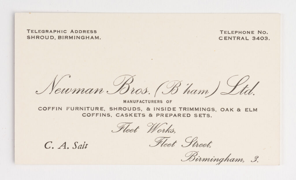 Cyril Salt's Newman Brothers Business Card on white paper