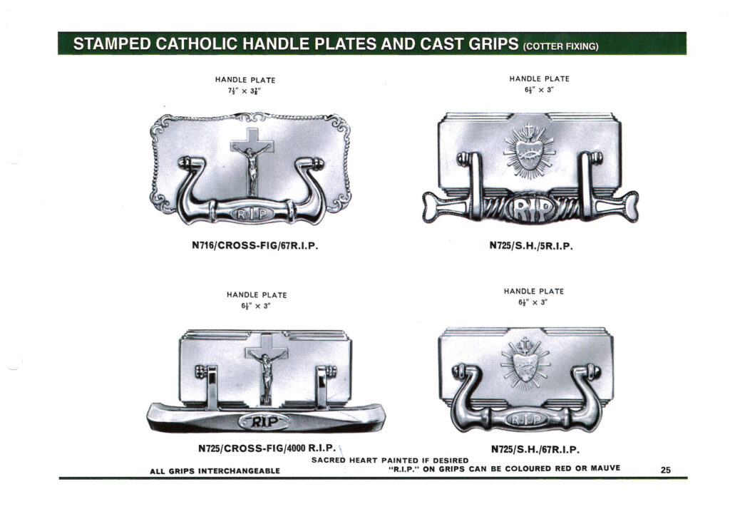 Catalogue page showing four catholic handle plates and cast grips