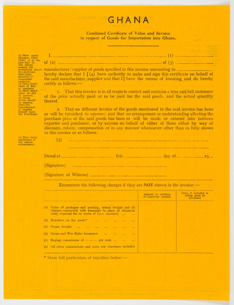 Document printed on yellow paper – Goods for Importation Ghana