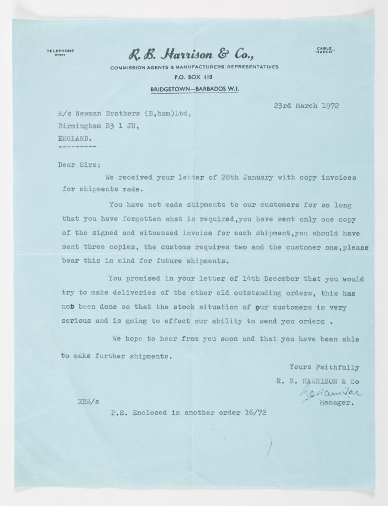 Document – Letter from Barbados typed on Blue paper
