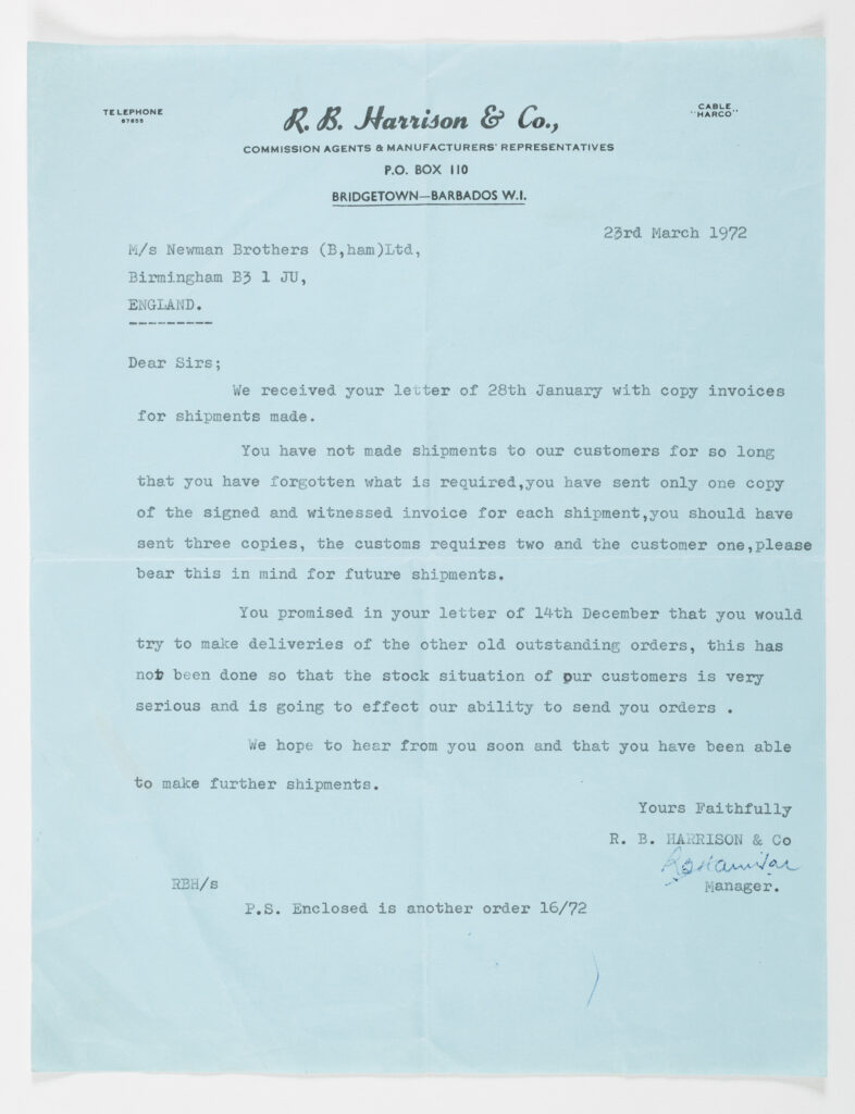 Document – Letter from Barbados typed on Blue paper