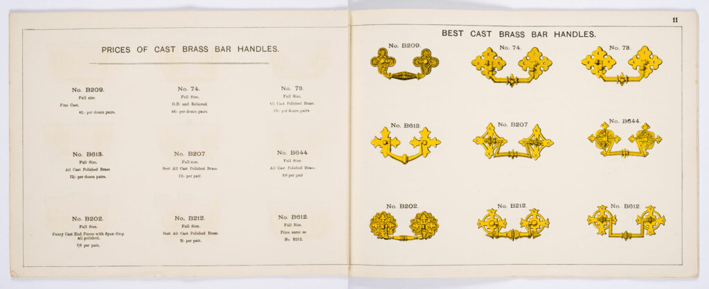 Page from Newman Brothers Trade Catalogue showing brass handles on right hand page and descriptions on left hand page