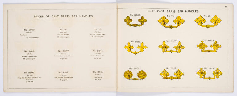 Page from Newman Brothers Trade Catalogue showing brass handles on right hand page and descriptions on left hand page