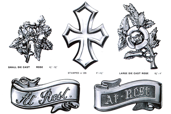 greyscale Illustration of various types of coffin ornament