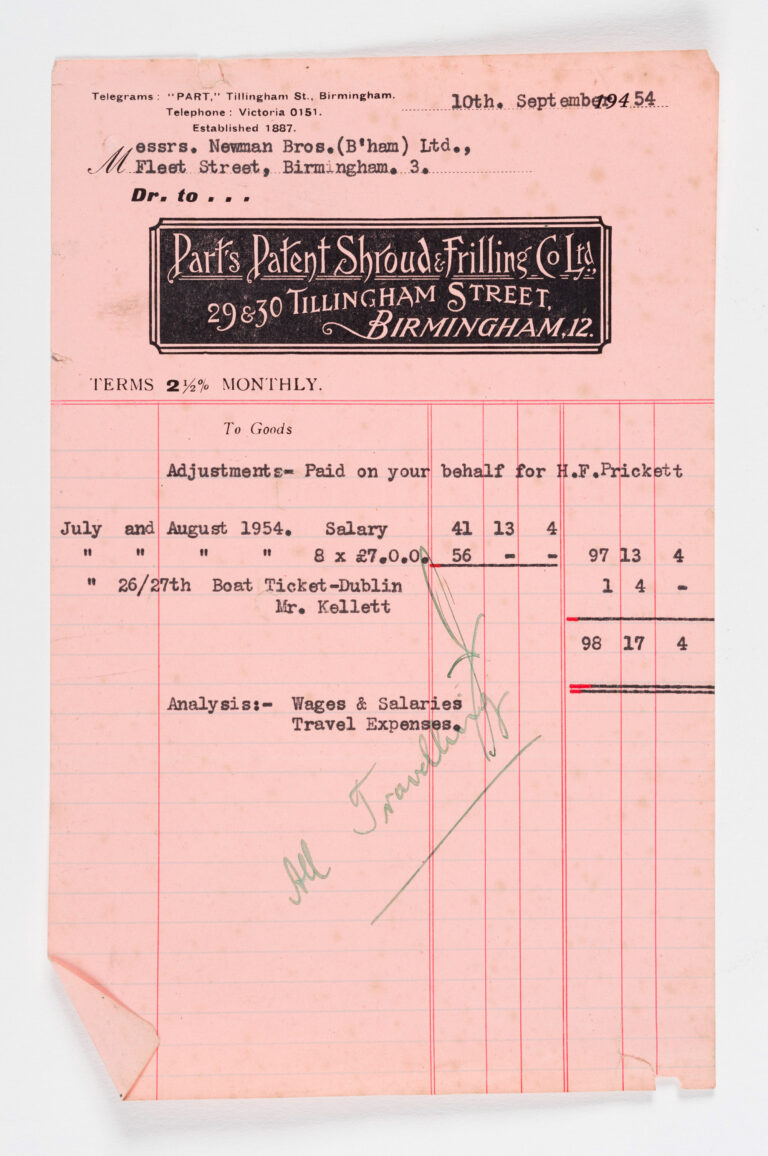 Parts Patent Shroud & Frilling Company Document on pink paper