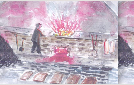 Watercolour of Casting shop with red flames dominating the top half of painting