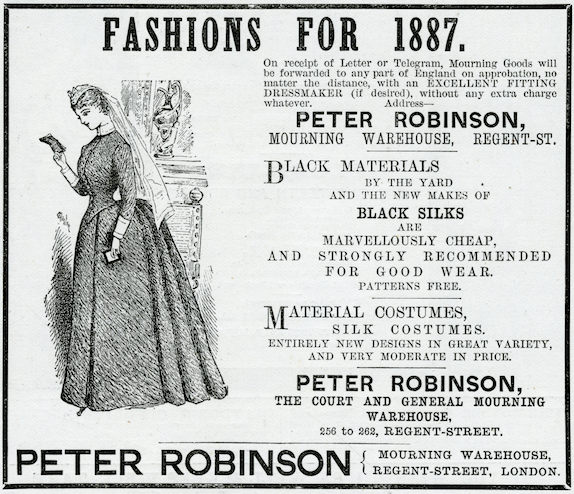 Black and white Victorian advert for Peter Robinson mourning Warehouse illustrated with a widow in widows weeds
