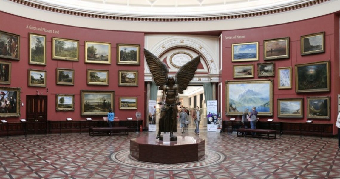 Panoramic view of round room at Birmingham Museum and Art Gallery. Statue of Lucifer by Jacob Epstein in the centre