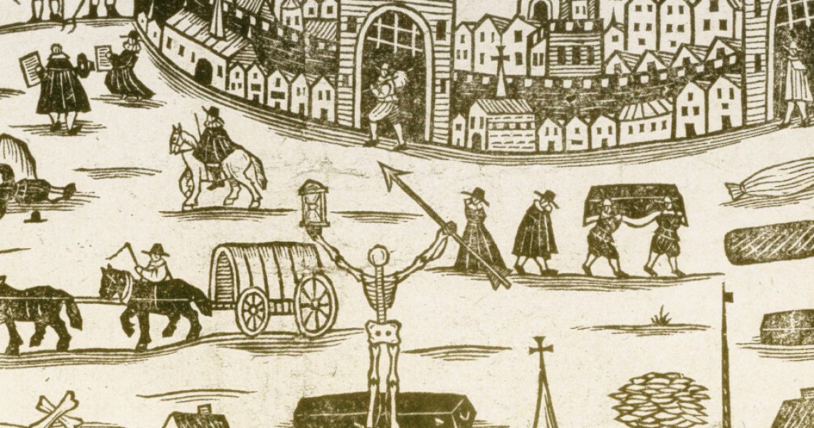 illustration showing a skeleton in foregroud holding aloft a long arrow in right hand as if king of the city in background where a funeral is taking place.